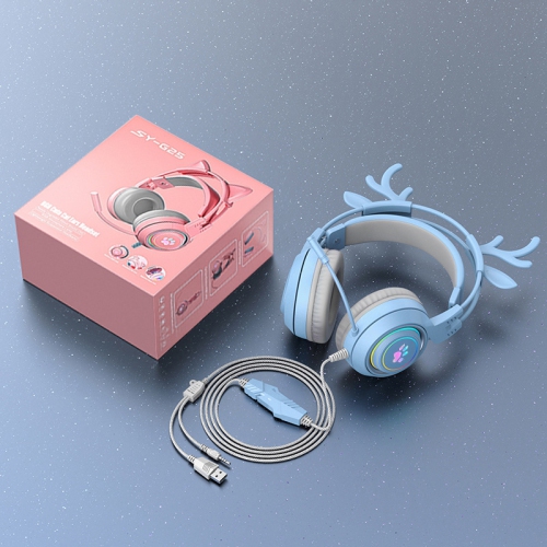 Computer Headset Cute Deer Ears Detachable PS5 Mobile Phone Wired Headset Stereo Gaming Headset Competitive Game with LED Light Heavy Bass Surround