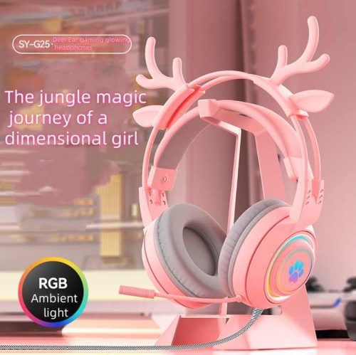 Computer Headset Cute Deer Ears Detachable PS5 Mobile Phone Wired Headset Stereo Gaming Headset Competitive Game with LED Light Heavy Bass Surround