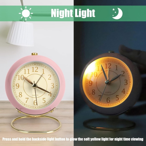 Small table clock classic tickless desktop alarm clock with backlight, retro style simple desktop small alarm clock Nordic round table clock bedside
