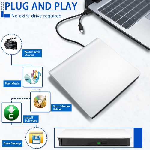 Laptop desktop mobile USB external DVD burner typec universal external optical drive USB-C CD DVD reader writer burner player white