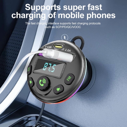 Lecteur Bluetooth pour l'auto, émetteur FM, avec fil à ressort QC3.0 recharge rapide pour l'auto 20 W Charging-T2 version de recharge rapide