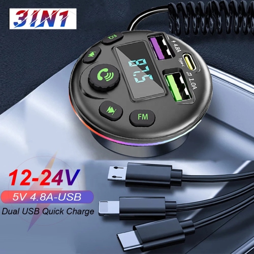 Lecteur Bluetooth pour l'auto, émetteur FM, avec fil à ressort QC3.0 recharge rapide pour l'auto 20 W Charging-T2 version de recharge rapide