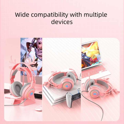 Computer Headset Cute Deer Ears Detachable PS5 Mobile Phone Wired Headset Stereo Gaming Headset Competitive Game with LED Light Heavy Bass Surround