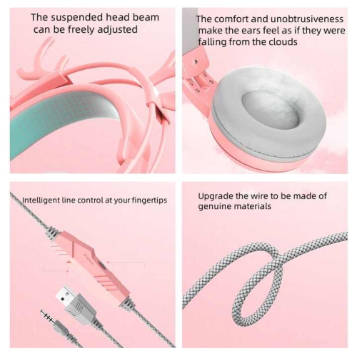 Computer Headset Cute Deer Ears Detachable PS5 Mobile Phone Wired Headset Stereo Gaming Headset Competitive Game with LED Light Heavy Bass Surround