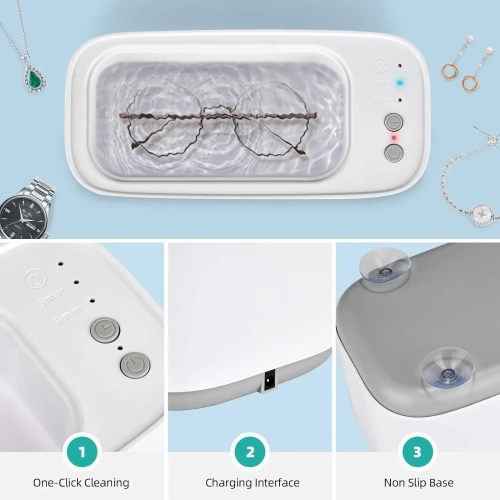 Ultrasonic Jewelry Cleaner, 3 Modes Portable Cleaner for Glasses, Rings, Earrings, Necklaces, Watchbands, Makeup Brushes, One-Button Operation