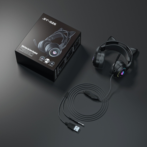 Computer Headset Cute Cat Ears Detachable PS5 Mobile Phone Wired Headset Stereo Gaming Headset Competitive Game with LED Light Heavy Bass Surround