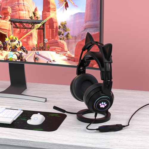 Computer Headset Cute Cat Ears Detachable PS5 Mobile Phone Wired Headset Stereo Gaming Headset Competitive Game with LED Light Heavy Bass Surround