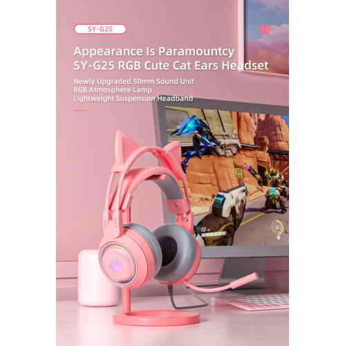 Computer Headset Cute Cat Ears Detachable PS5 Mobile Phone Wired Headset Stereo Gaming Headset Competitive Game with LED Light Heavy Bass Surround
