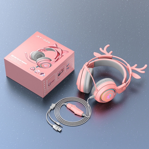 Computer Headset Cute Deer Ears Detachable PS5 Mobile Phone Wired Headset Stereo Gaming Headset Competitive Gaming with LED Lights Heavy Bass