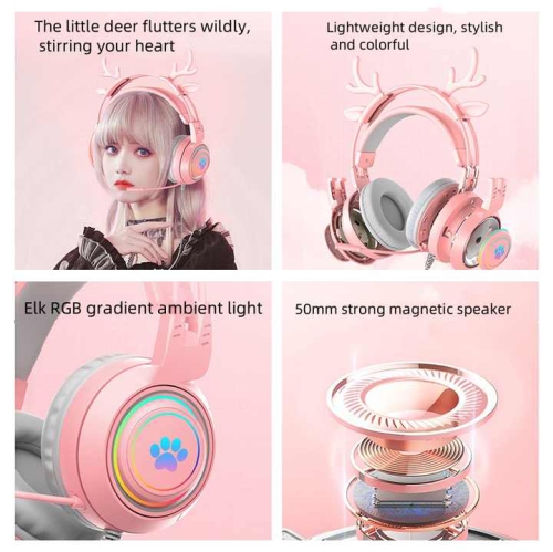 Computer Headset Cute Deer Ears Detachable PS5 Mobile Phone Wired Headset Stereo Gaming Headset Competitive Gaming with LED Lights Heavy Bass