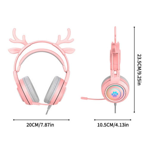 Computer Headset Cute Deer Ears Detachable PS5 Mobile Phone Wired Headset Stereo Gaming Headset Competitive Gaming with LED Lights Heavy Bass