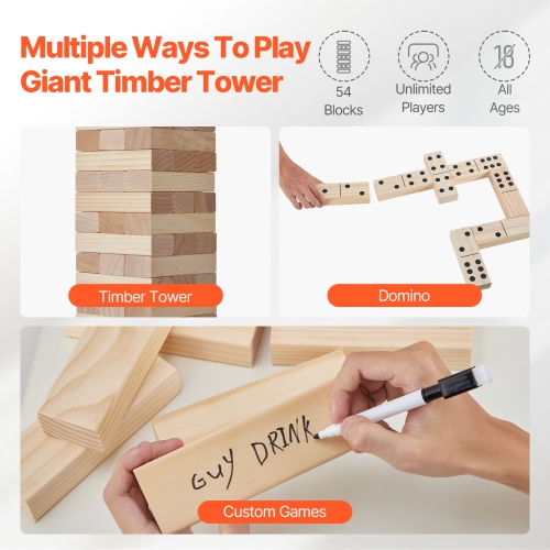 VEVOR Tumbling Timber Toy, 54 Blocks Medium Tumble Tower Blocks Game, Pine Wood Tumbling Tower Game with Carry Bag and Scoreboard, Wooden Stacking