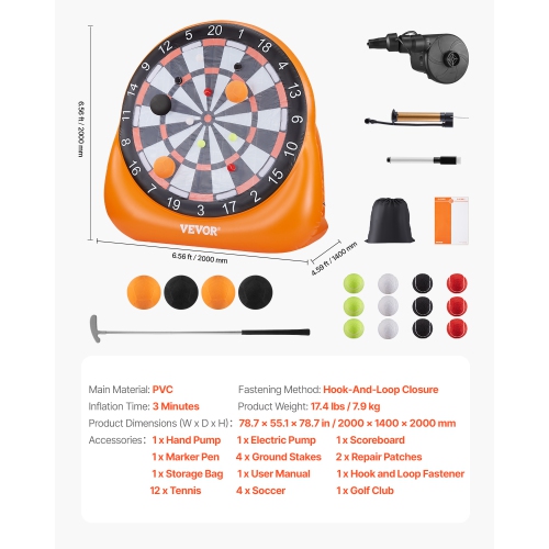 VEVOR Inflatable Soccer Dart Board, over 6 ft High Giant Soccer Dart Board with 4 Kick Balls, 12 Tennis and Air Pump, 3-Min Setup, Ideal for Giant