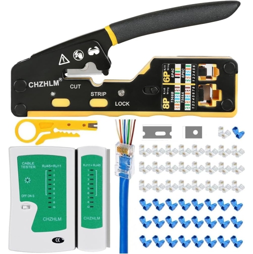 Kit d'outils à sertir RJ45 CHZHLM avec pince à sertir – Tout-en-un pour Cat5/Cat5e/Cat6/Cat6a et 11/12, comprend un testeur de câble, une pince à