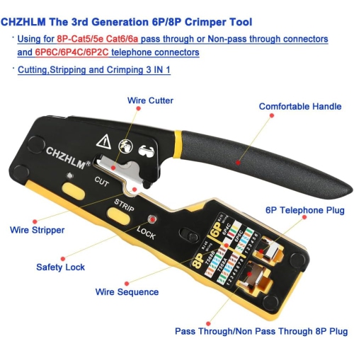 Kit d'outils à sertir RJ45 CHZHLM avec pince à sertir – Tout-en-un pour Cat5/Cat5e/Cat6/Cat6a et 11/12, comprend un testeur de câble, une pince à