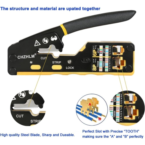 Kit d'outils à sertir RJ45 CHZHLM avec pince à sertir – Tout-en-un pour Cat5/Cat5e/Cat6/Cat6a et 11/12, comprend un testeur de câble, une pince à
