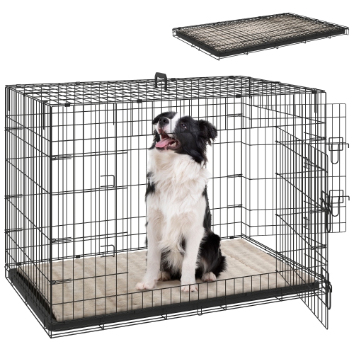 PAWHUT  Dog Crate, 41" Folding Metal Dog Kennel With 2 Doors, Removable Tray, Soft Cushion, Handle, Pet Cage for Extra Large Dogs In Black