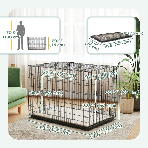 PawHut Dog Crate, 41" Folding Metal Dog Kennel with 2 Doors, Removable Tray, Soft Cushion, Handle, Pet Cage for Extra Large Dogs, Black