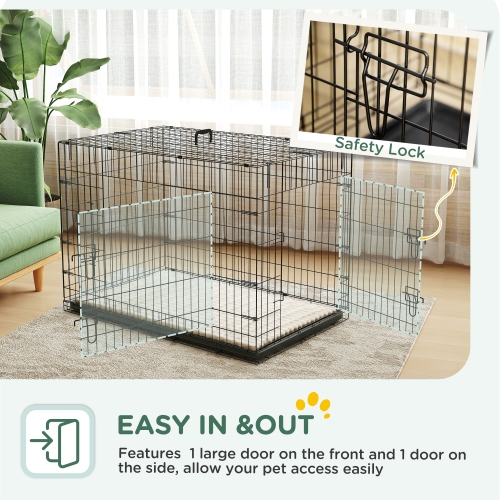 PawHut Dog Crate, 41" Folding Metal Dog Kennel with 2 Doors, Removable Tray, Soft Cushion, Handle, Pet Cage for Extra Large Dogs, Black