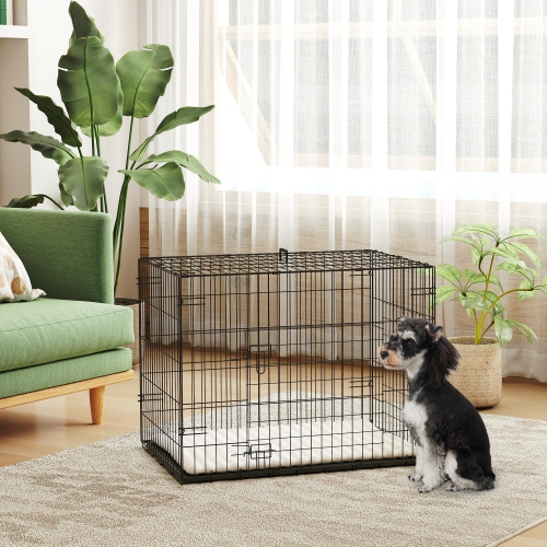 PawHut Dog Crate, 30" Folding Metal Dog Kennel with 2 Doors, Removable Tray, Soft Cushion, Handle, Pet Cage for Small Dogs, Black