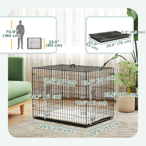 PawHut Dog Crate, 30" Folding Metal Dog Kennel with 2 Doors, Removable Tray, Soft Cushion, Handle, Pet Cage for Small Dogs, Black