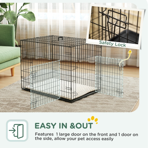 PawHut Dog Crate, 30" Folding Metal Dog Kennel with 2 Doors, Removable Tray, Soft Cushion, Handle, Pet Cage for Small Dogs, Black