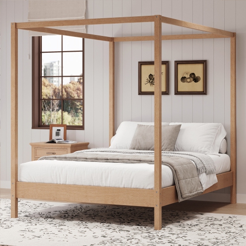 Kepooman Solid Wood Queen Size Canopy Bed Frame Four Poster Platform Bed with Slats Support - Natural