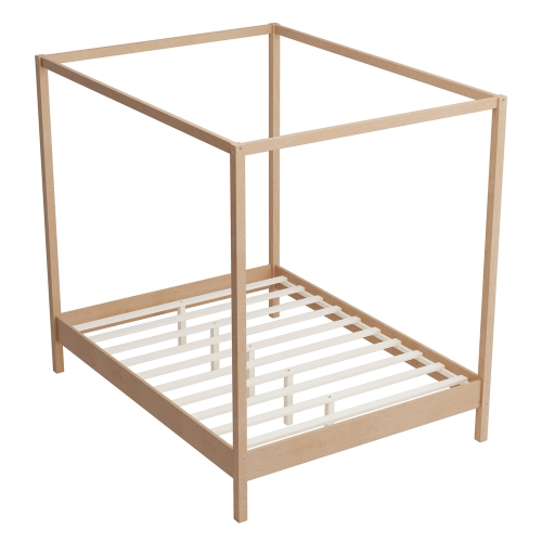 Kepooman Solid Wood Queen Size Canopy Bed Frame Four Poster Platform Bed with Slats Support - Natural