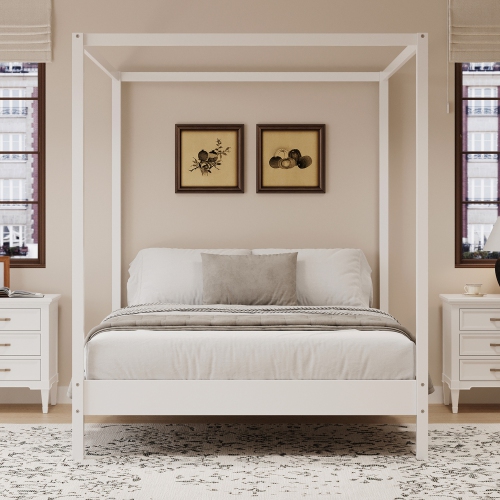 Kepooman Solid Wood King Size Canopy Bed Frame Four Poster Platform Bed with Slats Support - White