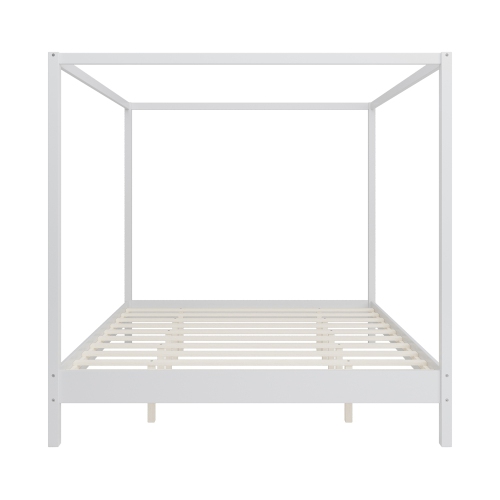 Kepooman Solid Wood King Size Canopy Bed Frame Four Poster Platform Bed with Slats Support - White