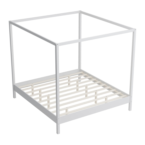 Kepooman Solid Wood King Size Canopy Bed Frame Four Poster Platform Bed with Slats Support - White