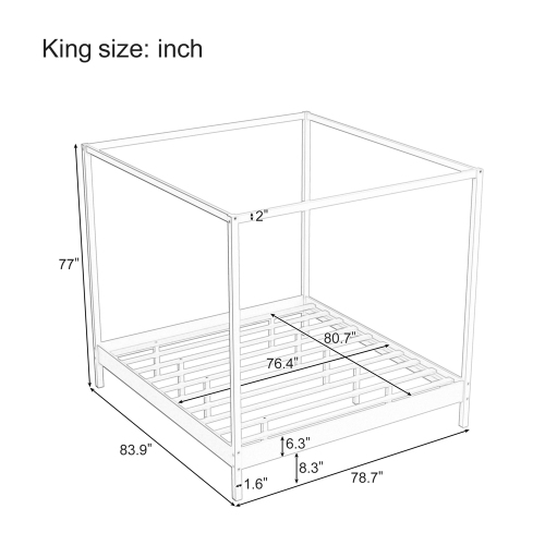 Kepooman Solid Wood King Size Canopy Bed Frame Four Poster Platform Bed with Slats Support - White