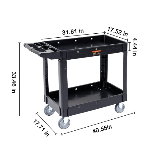 VEVOR 2 Shelf 550LBS Heavy Duty Plastic Rolling Utility Service Cart with 360° Swivel Wheels, Medium Lipped Shelf, Ergonomic Storage Handle for
