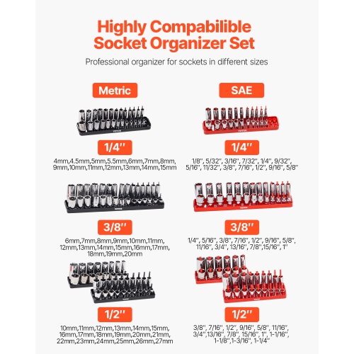 VEVOR 8PCS High-Rod Socket Holder, 1/4'', 3/8'' & 1/2'' Metric SAE Socket Trays with Clear Labels, Hold up to 176PCS Standard & Deep Sockets, Black &