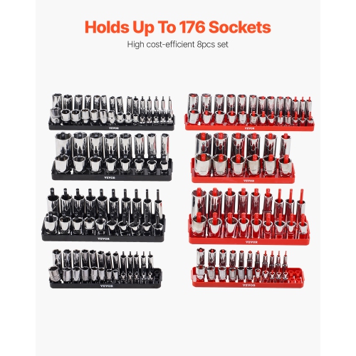 VEVOR 8PCS High-Rod Socket Holder, 1/4'', 3/8'' & 1/2'' Metric SAE Socket Trays with Clear Labels, Hold up to 176PCS Standard & Deep Sockets, Black &