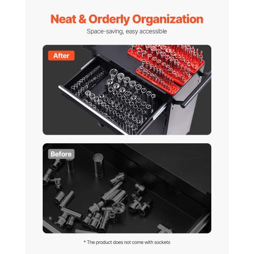 VEVOR 8PCS High-Rod Socket Holder, 1/4'', 3/8'' & 1/2'' Metric SAE Socket Trays with Clear Labels, Hold up to 176PCS Standard & Deep Sockets, Black &