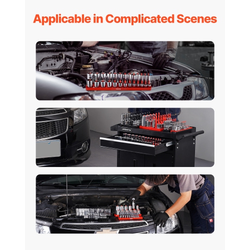 VEVOR 8PCS High-Rod Socket Holder, 1/4'', 3/8'' & 1/2'' Metric SAE Socket Trays with Clear Labels, Hold up to 176PCS Standard & Deep Sockets, Black &