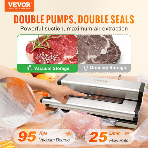 VEVOR 95Kpa Vacuum Sealer Machine, 350W Powerful Dual Pump and Dual Sealing, Dry and Moist Food Storage, Automatic and Manual,with Built-in Cutter,