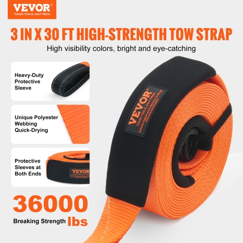 VEVOR 3" x 30 ft Polyester Tow Strap Recovery Kit Winch Strap, Triple Reinforced Loop, Snatch Strap + 2" Shackle Hitch Receiver + 3/4" D-Ring