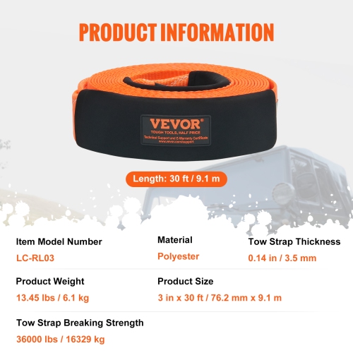 VEVOR 3" x 30 ft Polyester Tow Strap Recovery Kit Winch Strap, Triple Reinforced Loop, Snatch Strap + 2" Shackle Hitch Receiver + 3/4" D-Ring