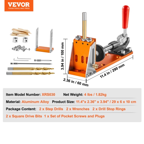 VEVOR 30 Pcs Pocket Hole Jig Kit,Adjustable Pocket Hole Jig System with Step Drills, Drill Stop Rings, Wrenches, and Square Drive Bits, Dual Scale