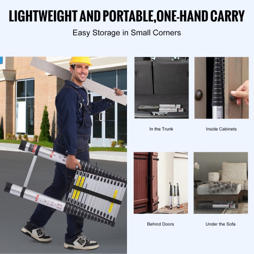 VEVOR 20.3FT Aluminum Lightweight Extension Ladder, Multi-button Retraction Collapsible Ladder, 375 LBS Capacity with Non-slip Feet, Portable Compact