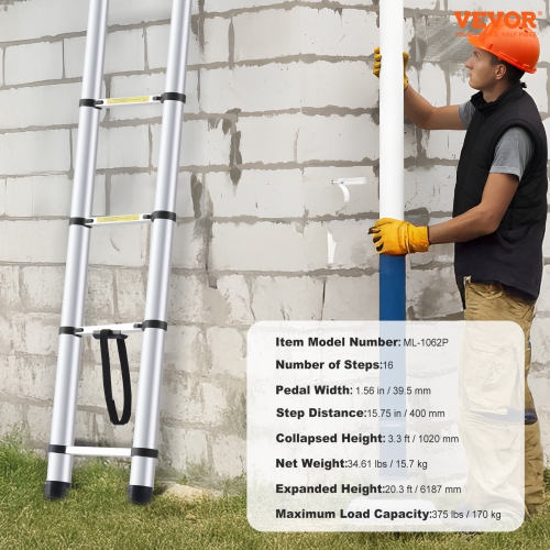 VEVOR 20.3FT Aluminum Lightweight Extension Ladder, Multi-button Retraction Collapsible Ladder, 375 LBS Capacity with Non-slip Feet, Portable Compact