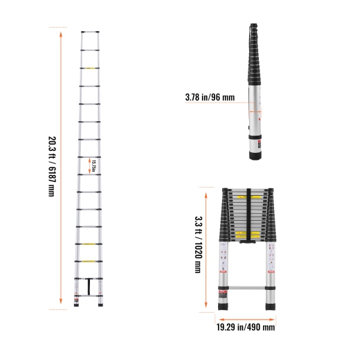 VEVOR 20.3FT Aluminum Lightweight Extension Ladder, Multi-button Retraction Collapsible Ladder, 375 LBS Capacity with Non-slip Feet, Portable Compact
