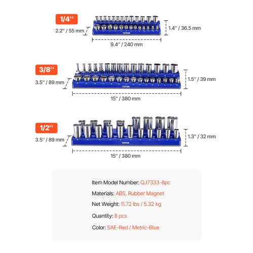 VEVOR 8PCS Magnetic Socket Organizer Set,1/4'',3/8'' & 1/2'' Metric SAE Socket Trays with Clear Labels,Hold up to 199PCS Standard & Deep