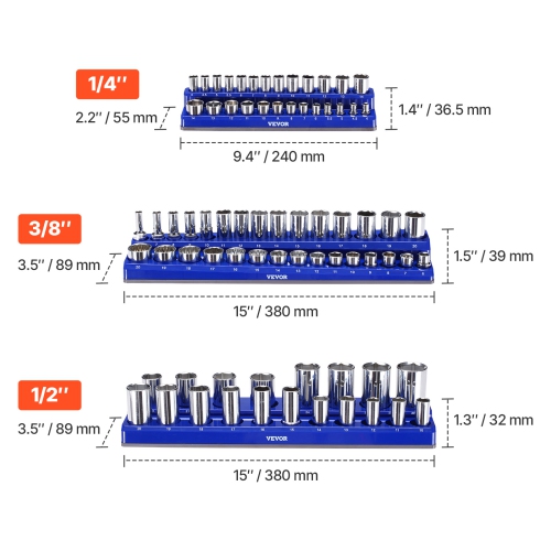 VEVOR 8PCS Magnetic Socket Organizer Set,1/4'',3/8'' & 1/2'' Metric SAE Socket Trays with Clear Labels,Hold up to 199PCS Standard & Deep