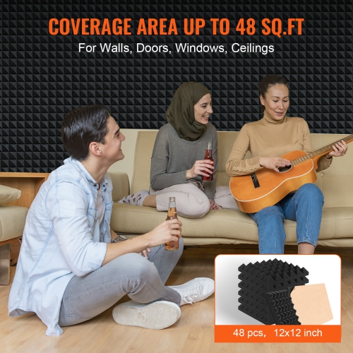 VEVOR 48 Pack Acoustic Foam Panels, 12 x 12 x 2 inches, Adhesive Pyramid Soundproof Wall Panels, Fire-Resistant, Sound Dampening Absorbing Panels for