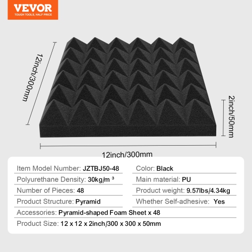 VEVOR 48 Pack Acoustic Foam Panels, 12 x 12 x 2 inches, Adhesive Pyramid Soundproof Wall Panels, Fire-Resistant, Sound Dampening Absorbing Panels for