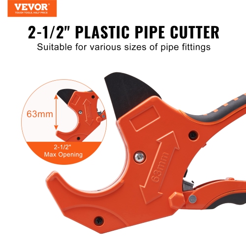 VEVOR 0-2-1/2" PVC Pipe Cutter, O.D. Ratcheting PVC Pipe Cutter, Heavy Duty Tube Cutting Tool with Spare SK5 Blade for PVC, CPVC, PP-R, PEX, PE,