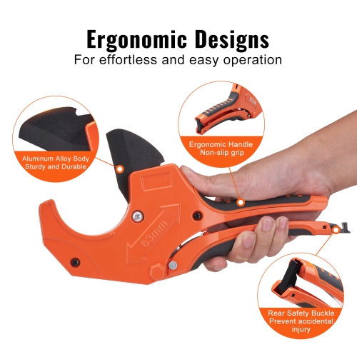 VEVOR 0-2-1/2" PVC Pipe Cutter, O.D. Ratcheting PVC Pipe Cutter, Heavy Duty Tube Cutting Tool with Spare SK5 Blade for PVC, CPVC, PP-R, PEX, PE,
